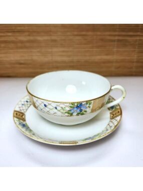 Nippon Antique Teacup & Saucer Set Hand Painted Blue Flower Gold Trim Pre-1921